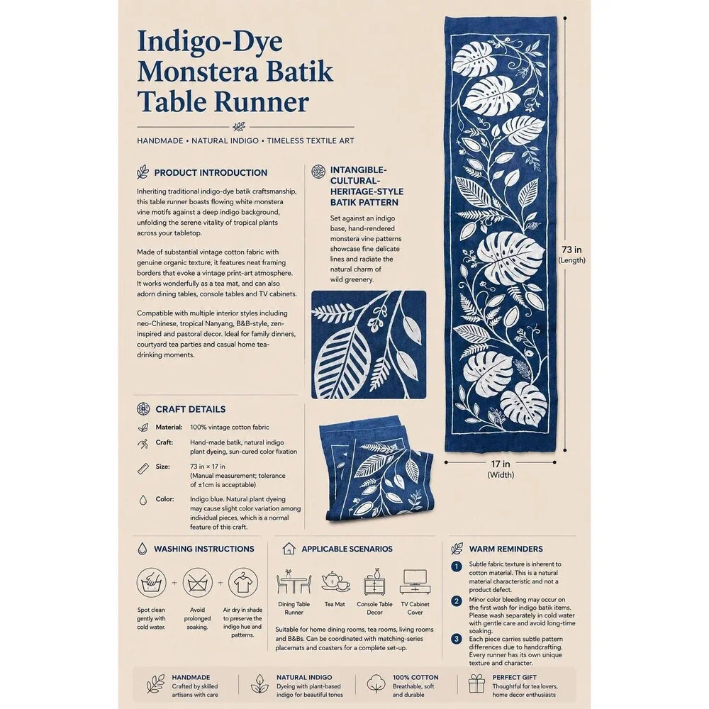 Handmade Indigo Batik Table Runner, Monstera Leaf Botanical Table Decor